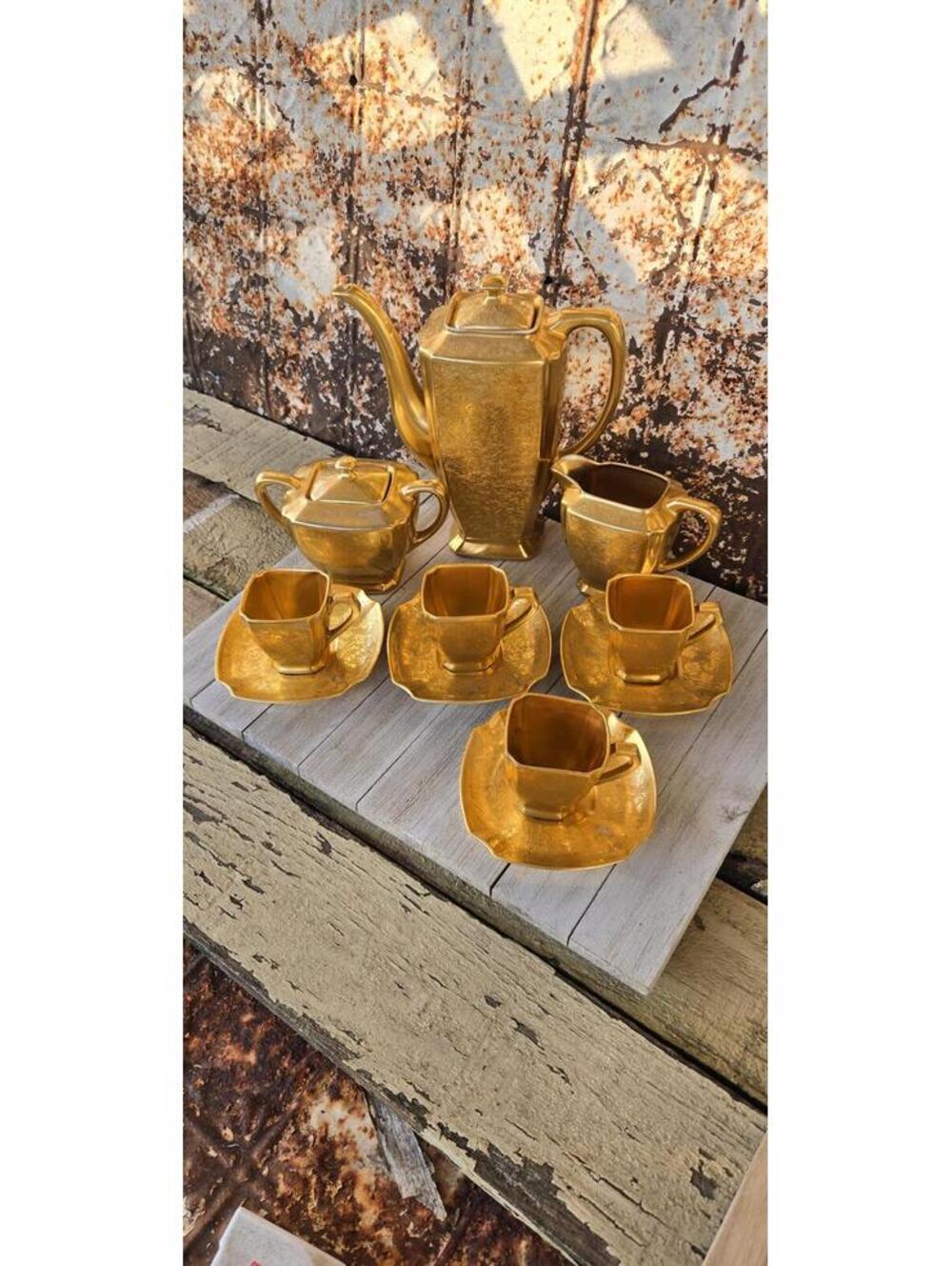 Vintage Art Deco Gilt Porcelain Tea Set Hexagonal Hutschenreuther Heinrich Co